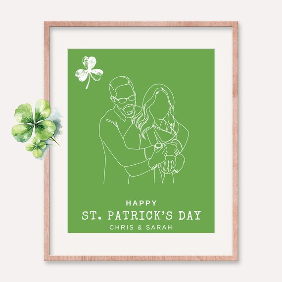 St Patricks Day Gift For Wife Husband Family Our First St Patricks Day Gift Custom Couple Drawing Hand Drawn Line Art Illustration