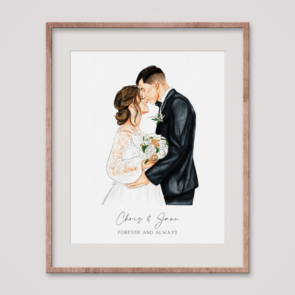 Personalized Wedding Couple Watercolor Portrait Poster Gift Keepsake