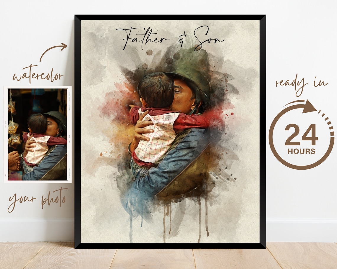 Custom Father Daughter Son Watercolor Family Portrait - Image 2