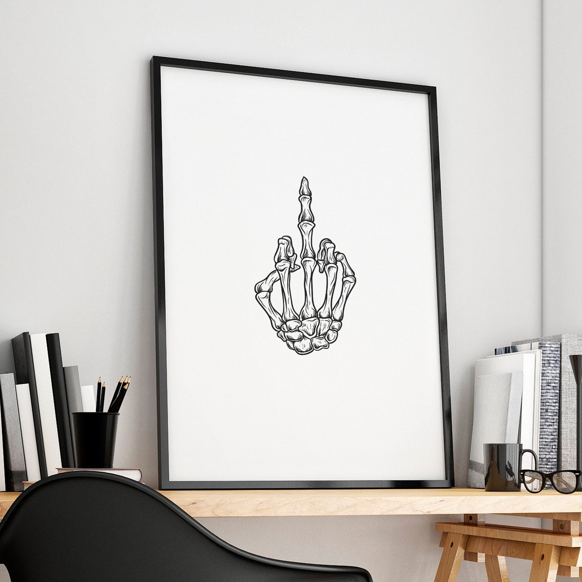 Skeleton Middle Finger Line Art Edgy Funny Office Humor Poster