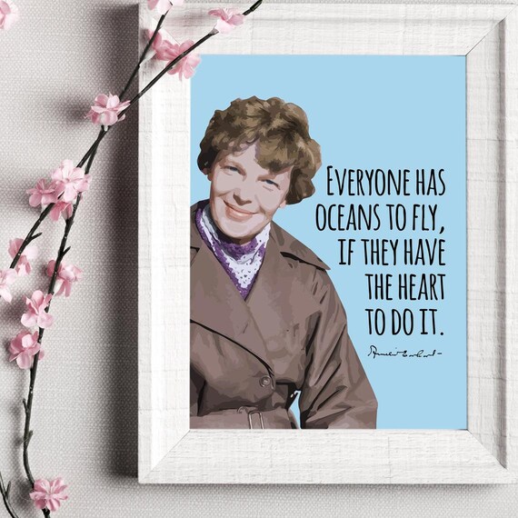 Amelia Earhart Oceans To Fly Quote Blue Portrait Aviation Poster