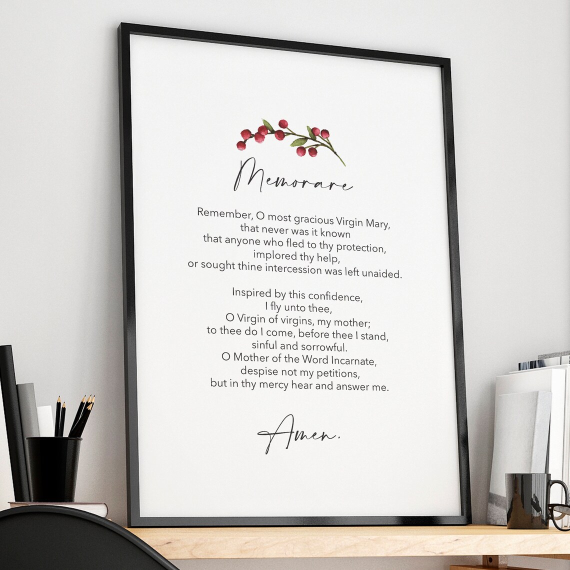 Memorare Prayer Virgin Mary Catholic Berry Sprig Quote Poster - Image 2