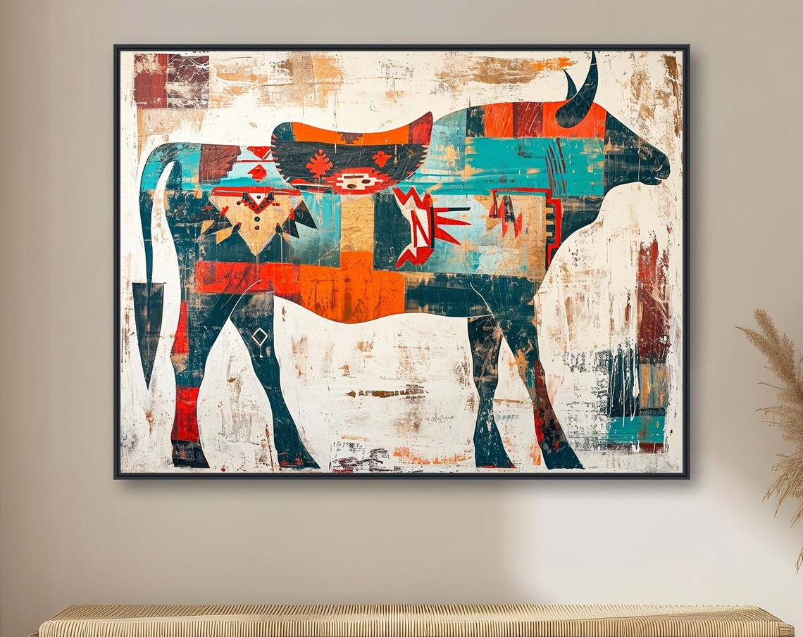 Patchwork Longhorn Bull Painting Tribal Pattern Western Wall Poster