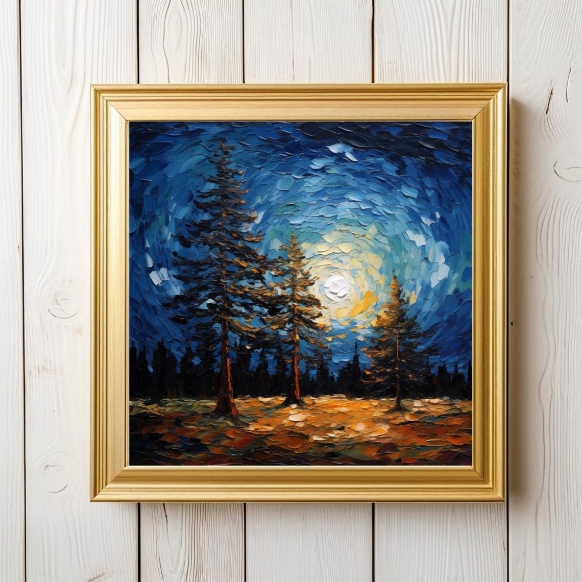 Forest Night Print Square Night Sky Oil Painting Full Moon Pine Tree Wall Art Moonlit Sky Rustic Cabin Decor Mountain Home Artwork