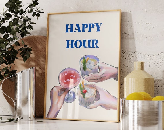 Happy Hour Art Print Bar Cart Wall Art Retro Cocktails Poster Aesthetic Bar Cart Decor Bar Cart Print Trendy Food Drink Art