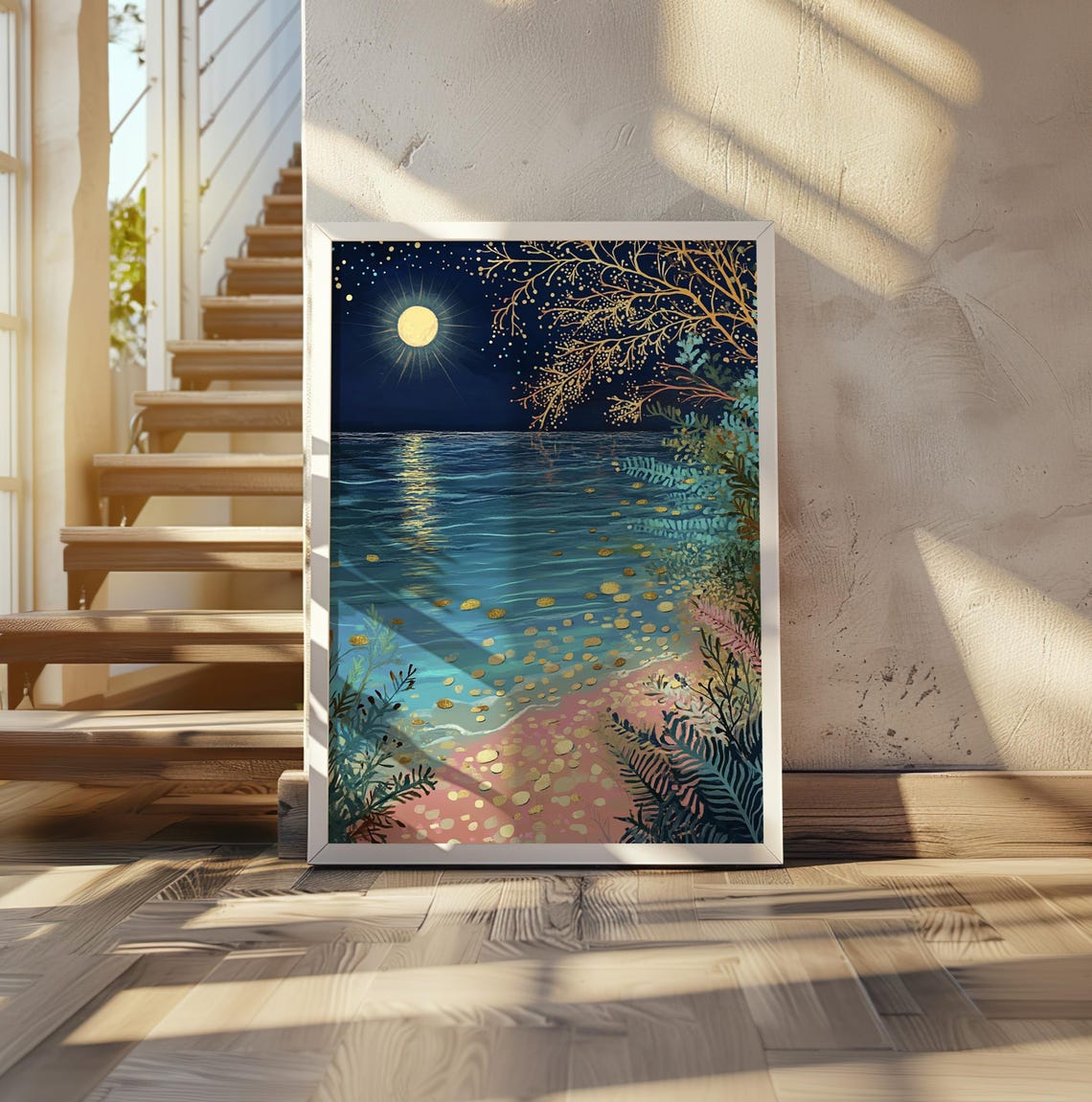 Dreamy Moonlit Beach with Golden Dots Kusama Style Art Poster