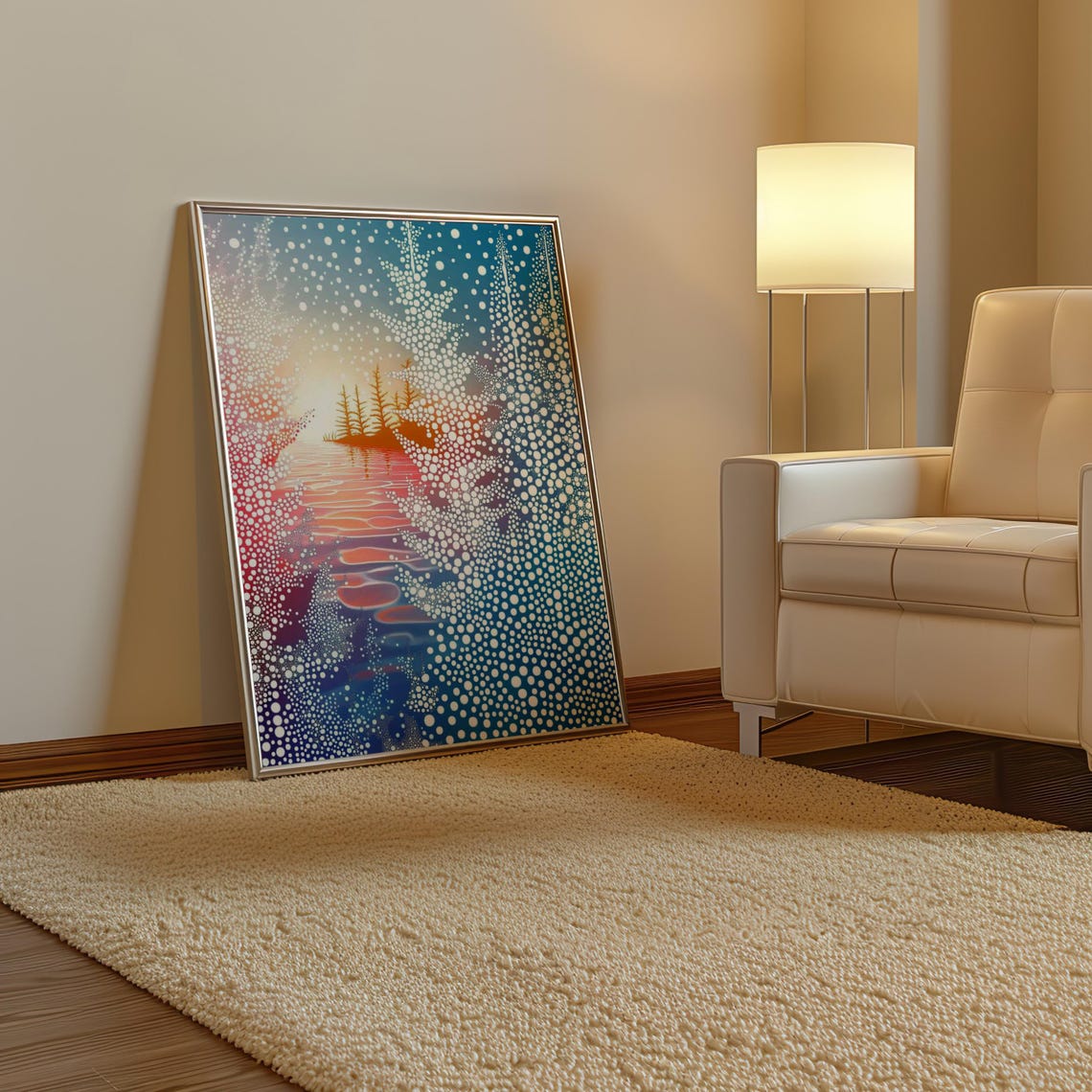 Yayoi Kusama Inspired Dotted Sunset Over Purple Waters Art Poster - Image 3