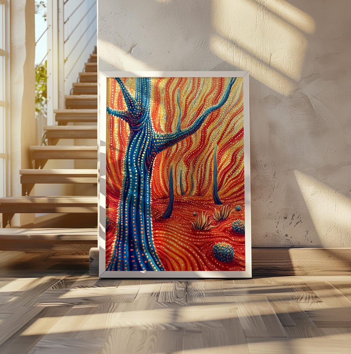 Blue Dotted Tree in Surreal Red Wavy Desert Kusama Style Poster