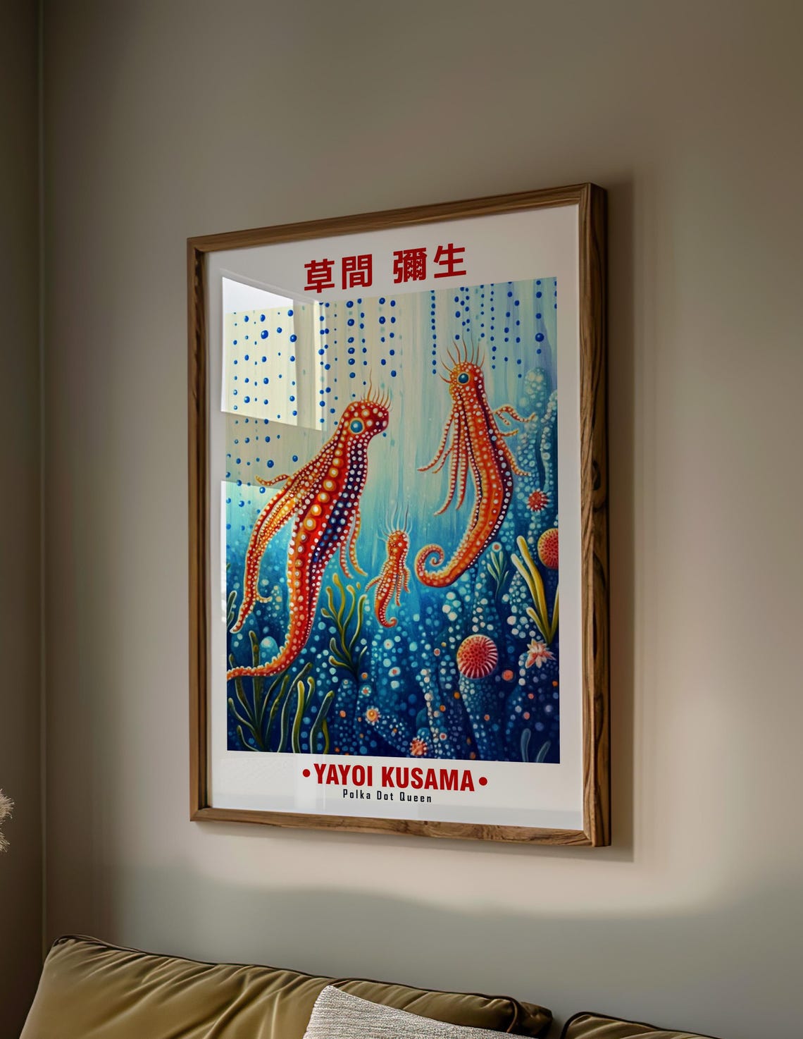 Orange Seahorses Blue Ocean Coral Reef Yayoi Kusama Inspired Poster - Image 2