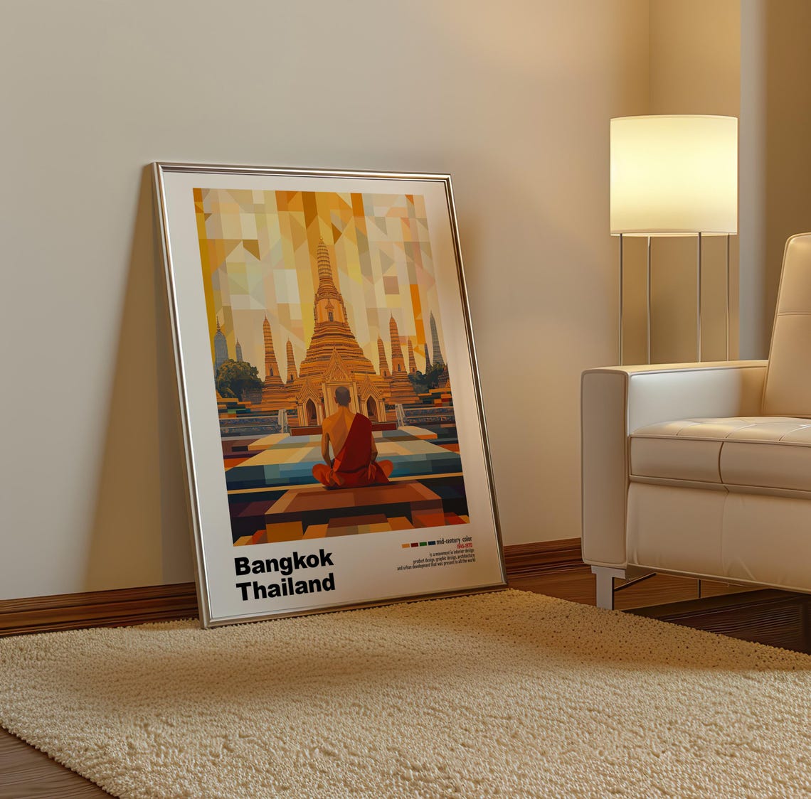 Bangkok Golden Temple Monk Mid Century Modern Travel Art Poster - Image 2