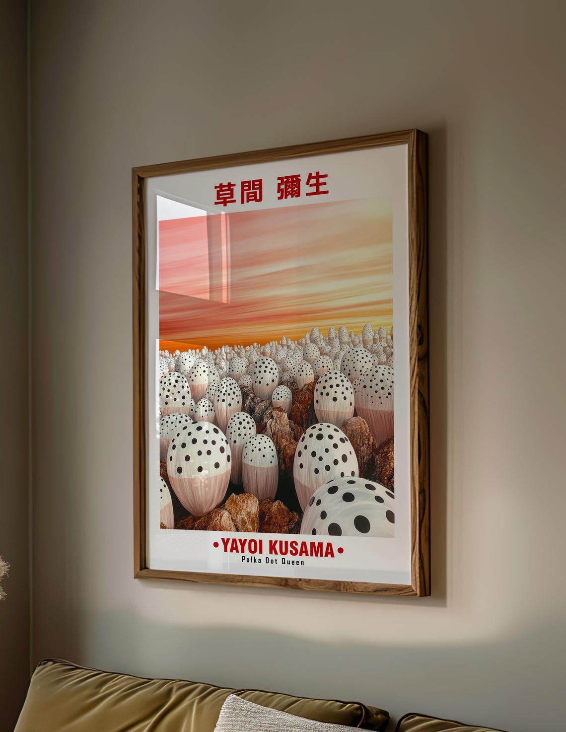 White Dotted Mushrooms Sunset Rocks Yayoi Kusama Inspired Poster - Image 2