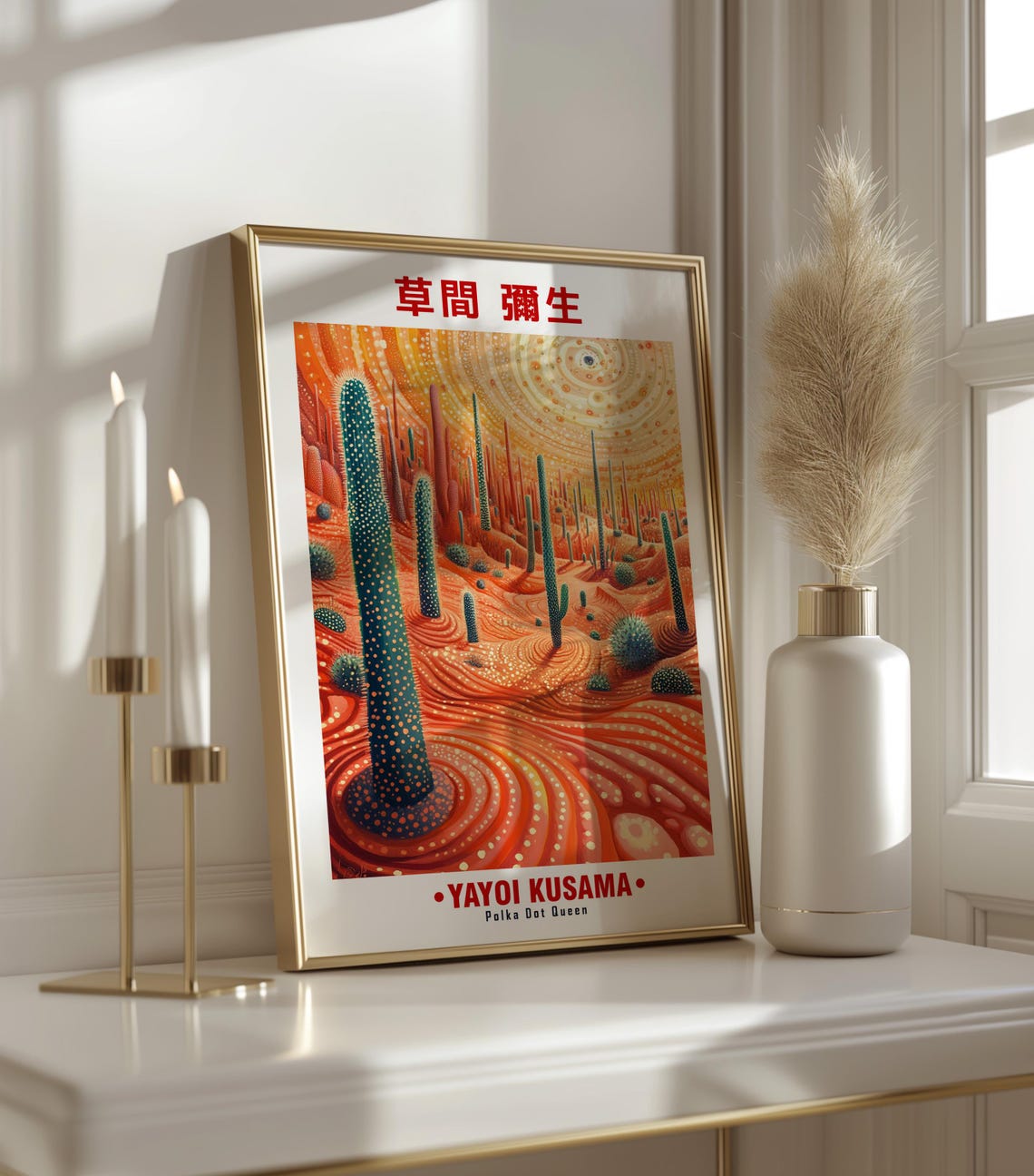 Vivid Orange Red Cactus Desert Dotted Sky Kusama Inspired Poster - Image 3