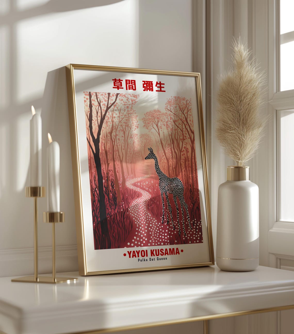 White Spotted Deer Walking Red Forest Path Kusama Inspired Poster - Image 3