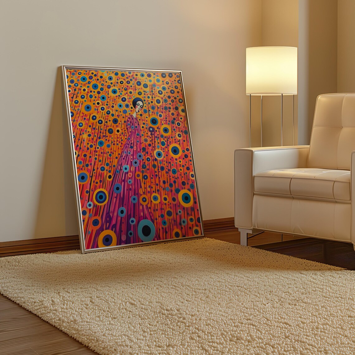 Woman in Pink Dress Walking Through a Field of Dot Flowers Poster - Image 3