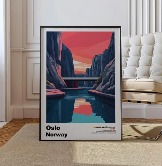 Oslo Norway Mid Century Modern Architecture Art Print Retro Minimalist City Poster With Geometric Design Bold Mid Century Print Decor