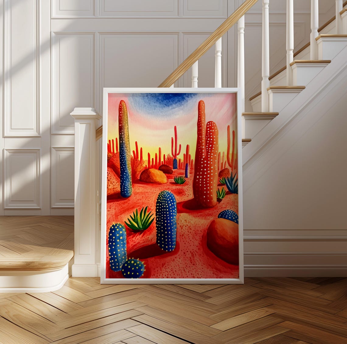 Red Desert Landscape with Blue Dotted Cacti Under a Pastel Sky Poster - Image 2