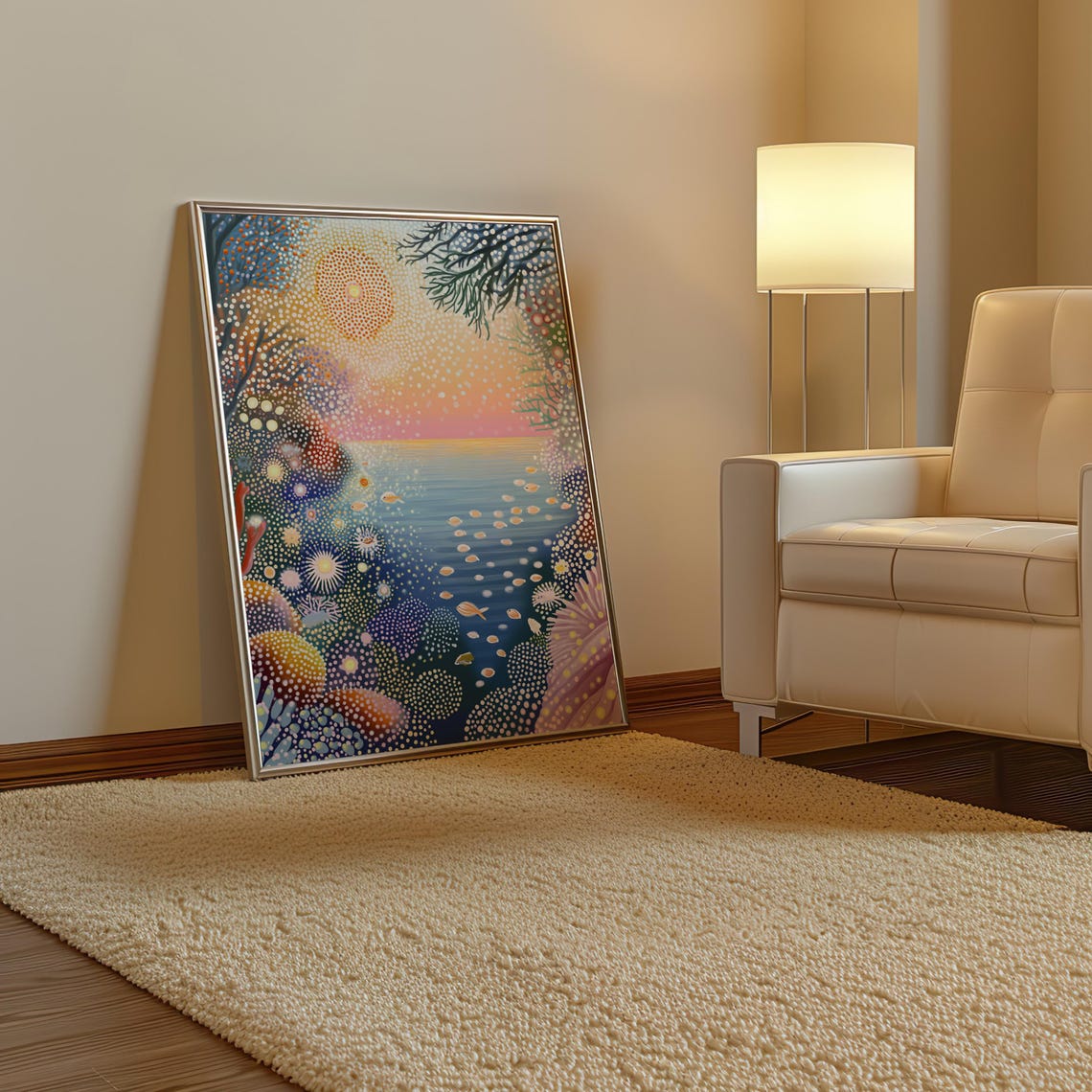 Yayoi Kusama Inspired Dotted Goldfish Pond at Sunset Art Poster Decor - Image 3
