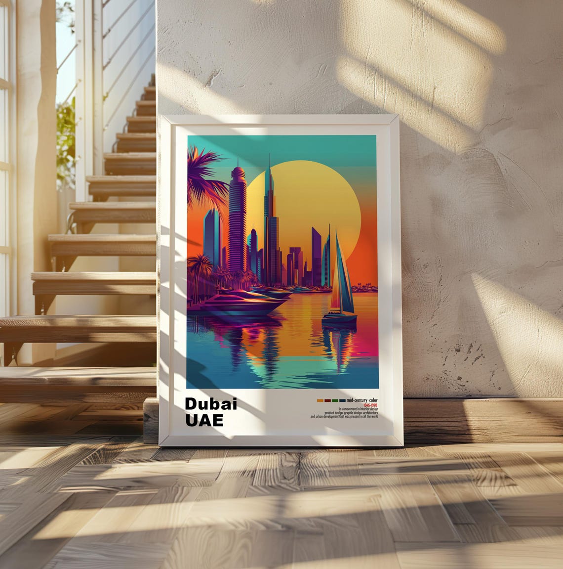 Dubai UAE Marina Skyline Sunset Sails Mid Century Travel Poster - Image 2