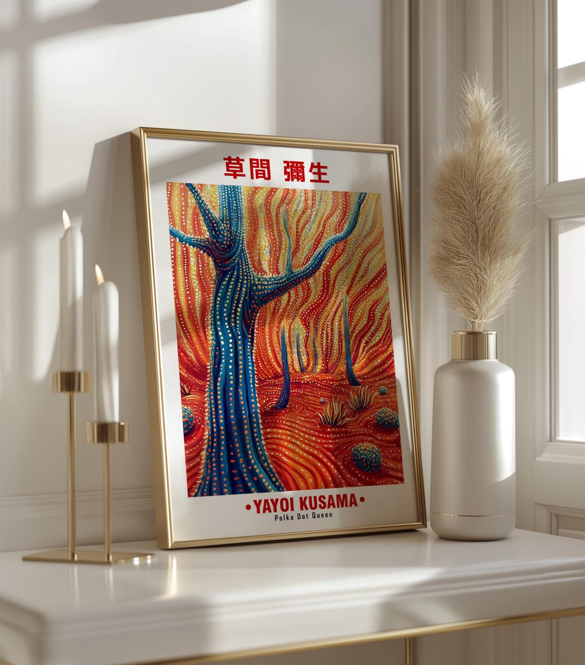 Striking Blue Dotted Tree Red Swirl Desert Kusama Inspired Poster - Image 3
