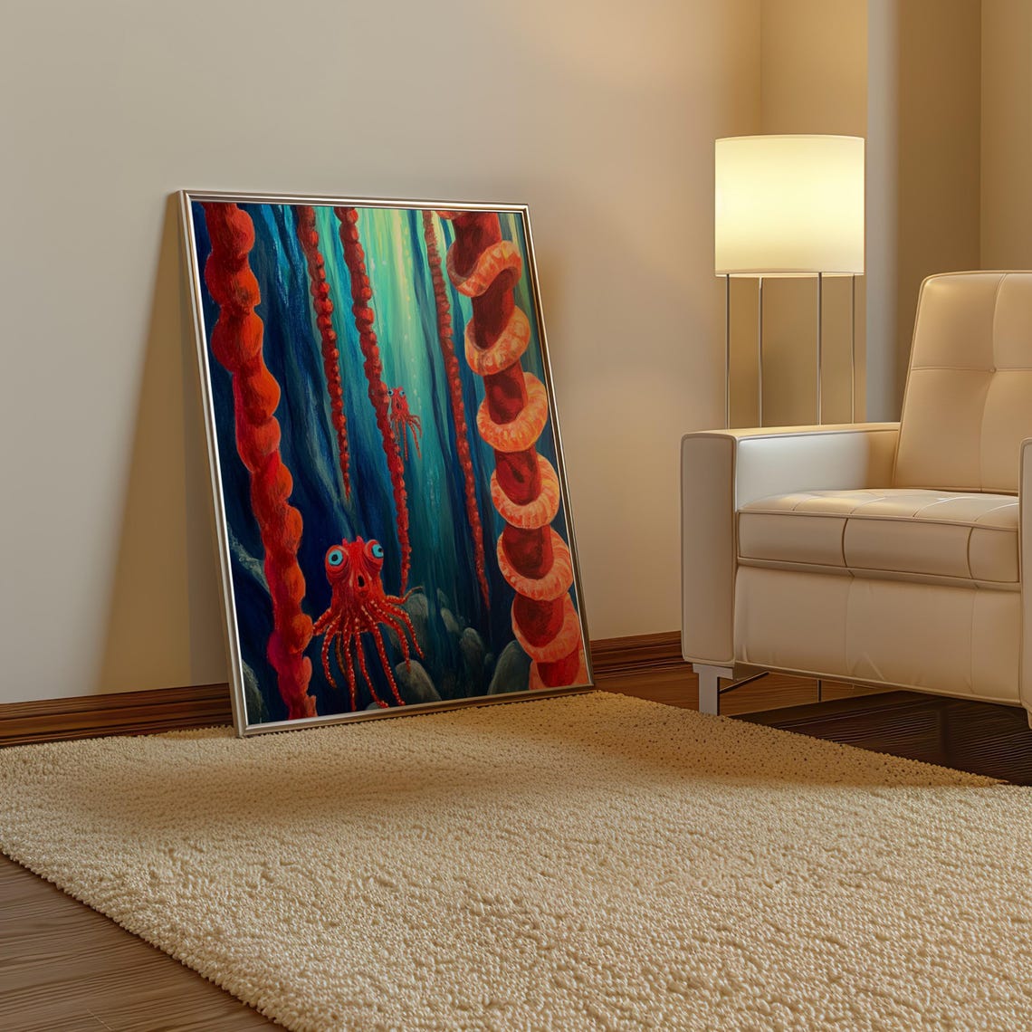 Playful Wide-Eyed Red Octopus in a Blue Green Sea Dot Art Poster - Image 3