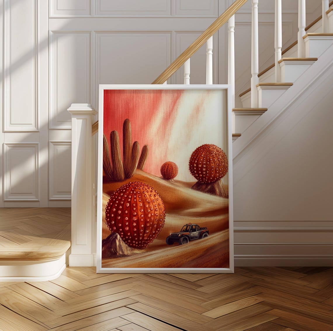 Off Road Truck Crossing a Vast Red Cactus Desert Sunset Art Poster - Image 2