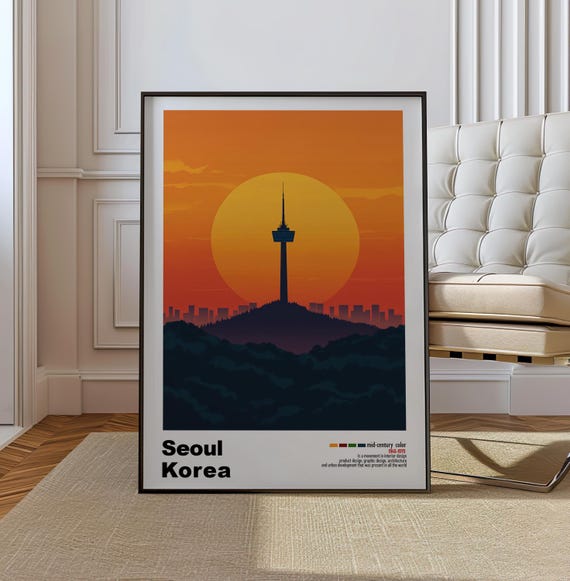Seoul Korea Mid Century Modern Architecture Art Print Retro Minimalist City Poster With Geometric Design Bold Mid Century Print Decor