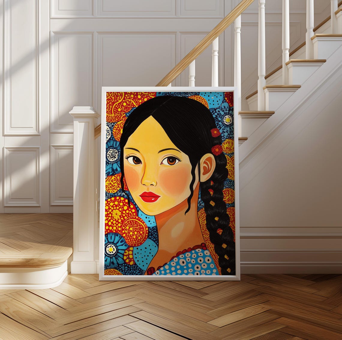 Portrait of a Woman with a Braid in Bold Polka Dot Floral Poster - Image 2