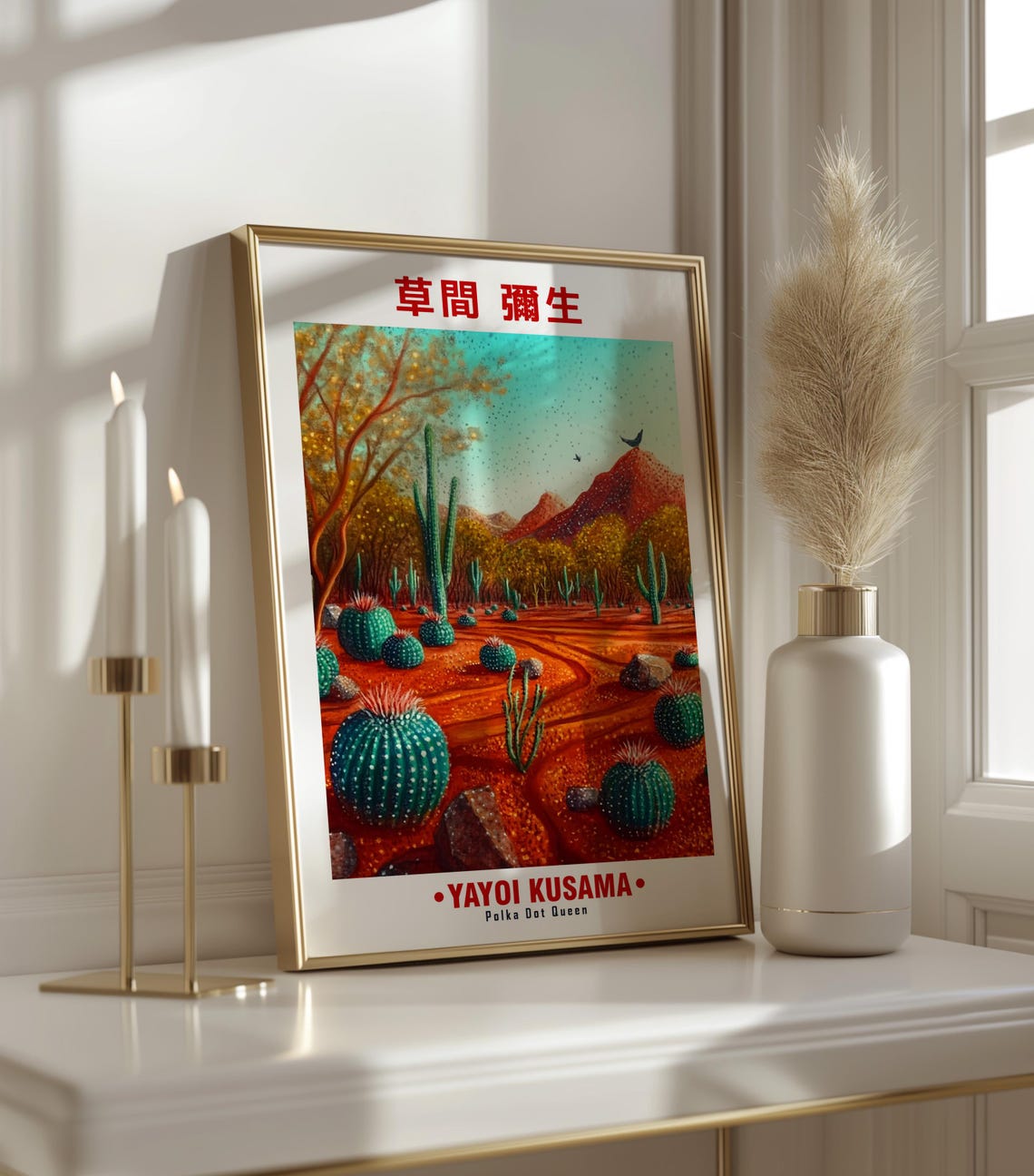 Peaceful Barrel Cacti Red Hills Teal Sky Kusama Inspired Poster - Image 3