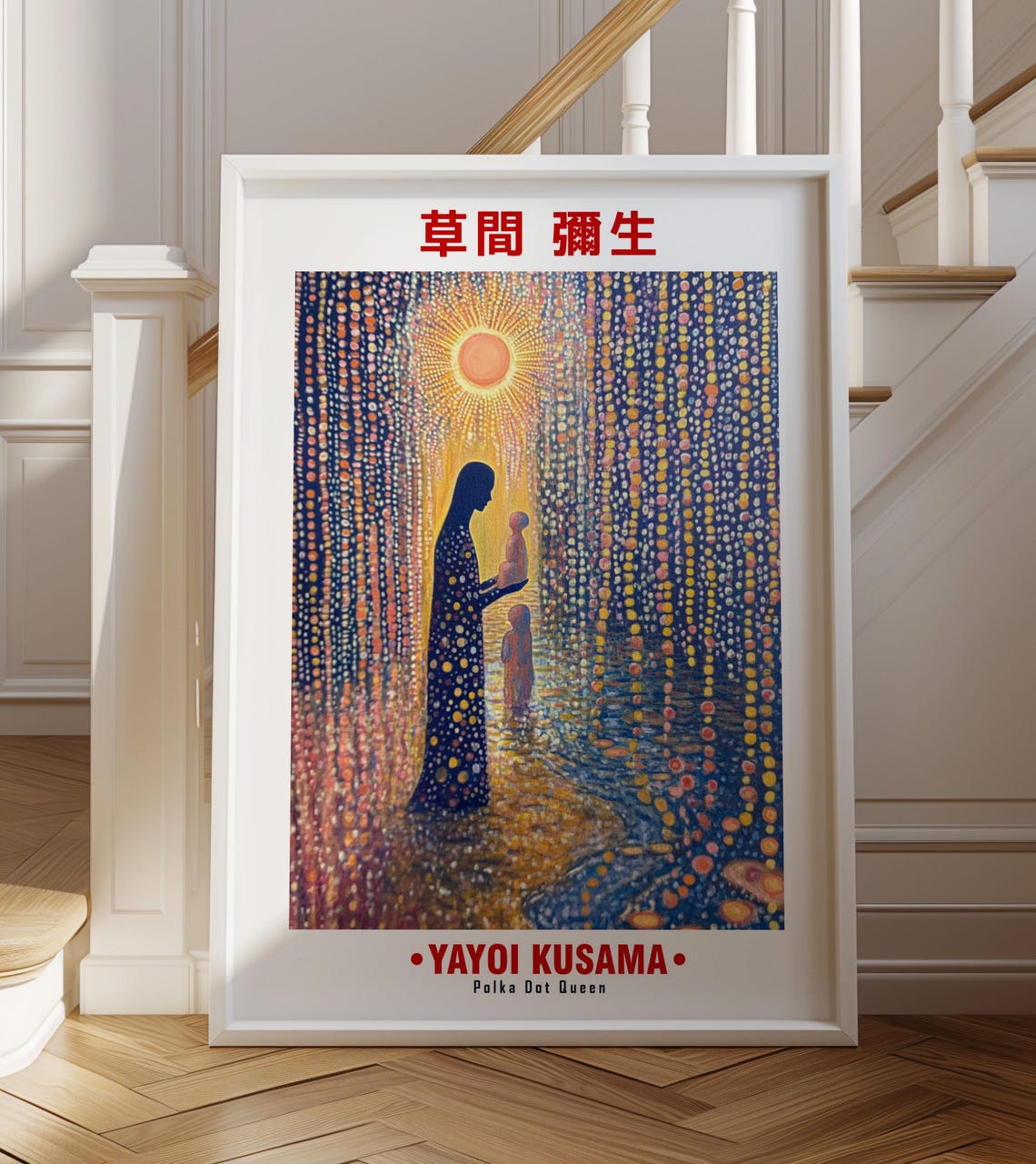 Silhouette Woman Child Dotted Night Sun Kusama Inspired Poster