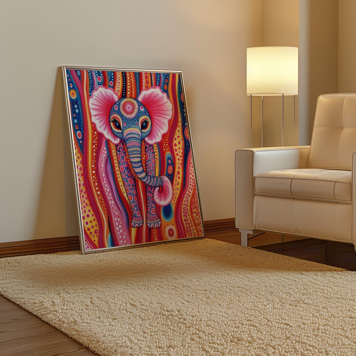 Rainbow Elephant with Pink Flower Ears in Dotted Pop Art Poster - Image 3