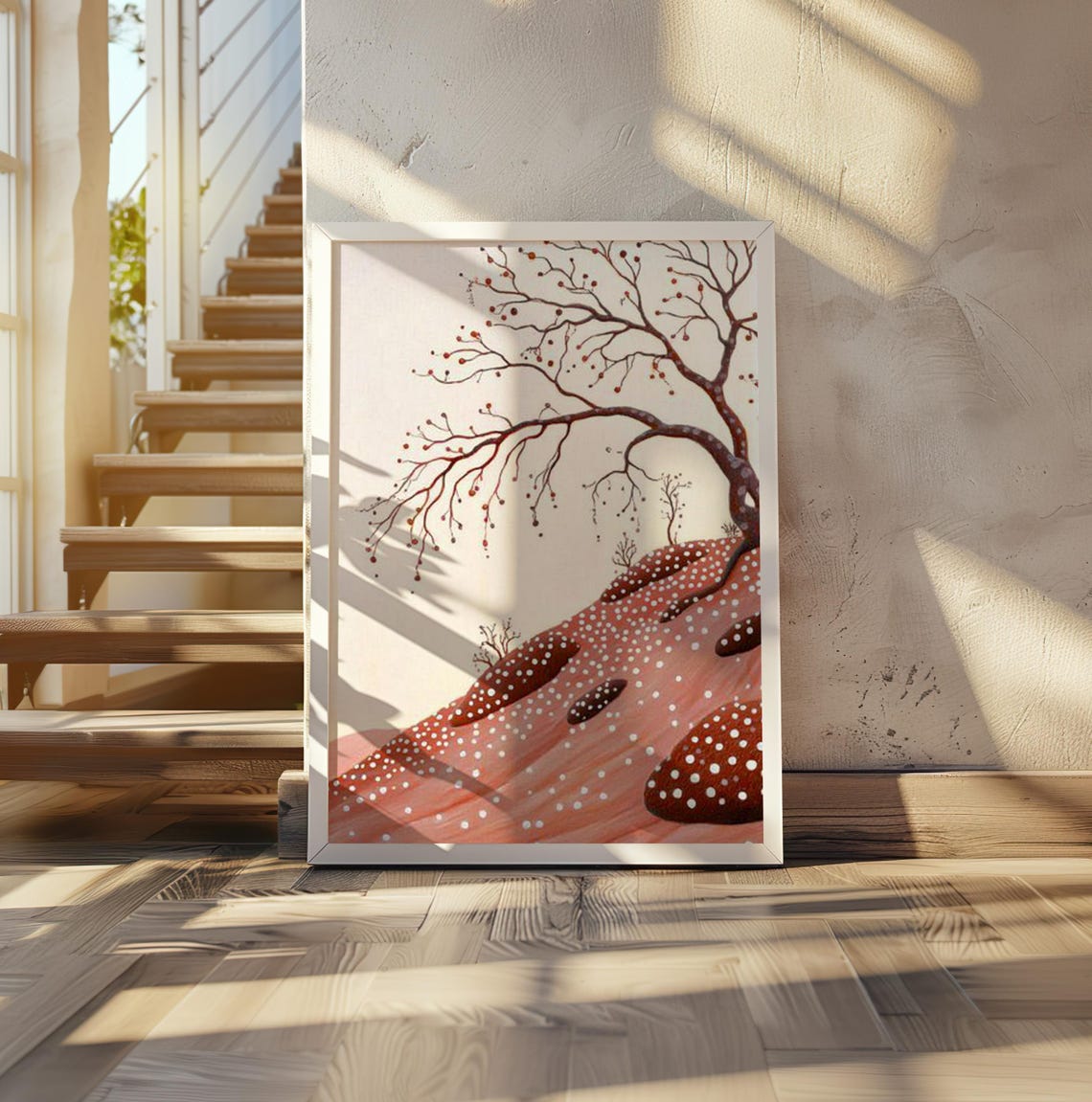 Yayoi Kusama Inspired Bare Winter Tree on a Dotted Red Hill Art Poster