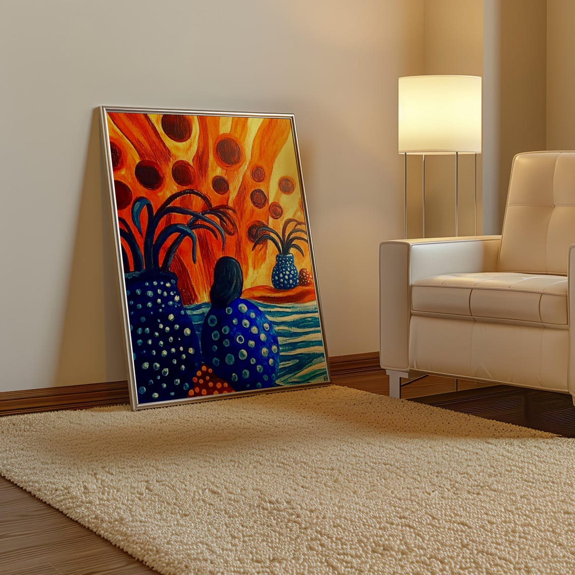 Blue Dotted Woman with Patterned Vessels at Sunset Art Poster - Image 3