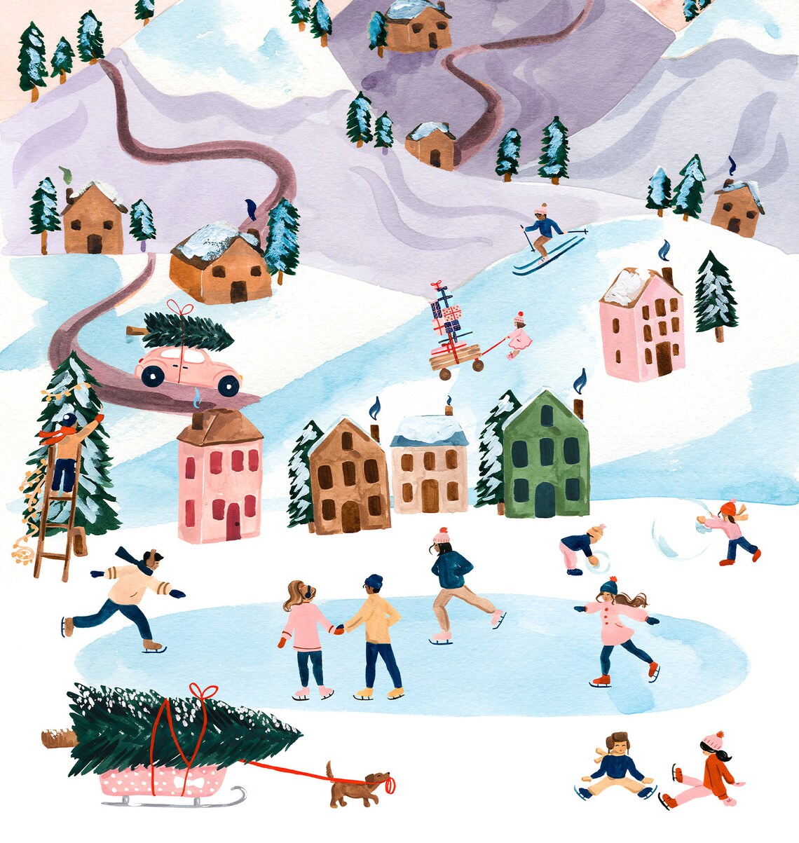 Happy Holidays Snowy Mountain Village Skaters Santa Sleigh Card Print - Image 2