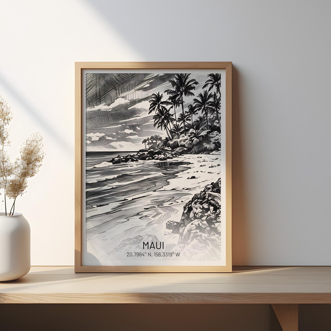 Maui Black And White Tropical Beach Coastline Poster - Image 3