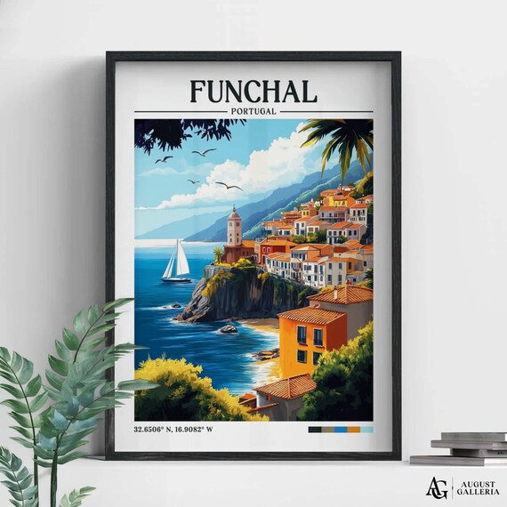 Funchal Portugal Coastal Town Sailboat Seaside Cliff Retro Travel Poster