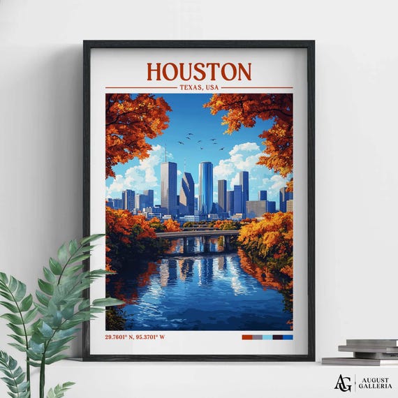 Houston Texas Retro Travel Print Wanderlust Posters Illustration Wall Art Framed Prints Canvas Poster