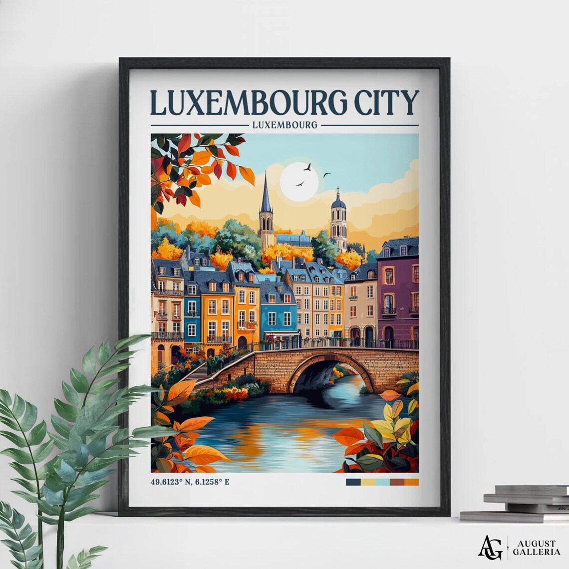 Luxembourg City Autumn Stone Bridge River Retro Travel Poster