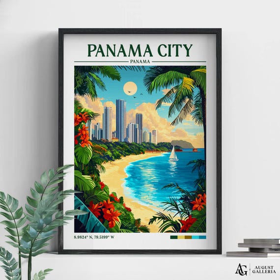 Panama City Retro Travel Print Wall Art Framed Canvas Poster Illustration Wanderlust