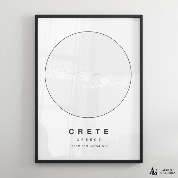 Crete Greece Minimalist Black White Island Street Map Poster