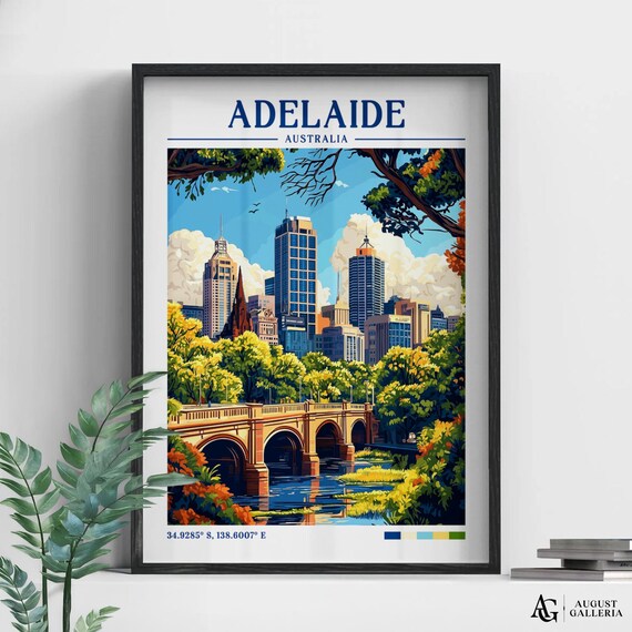 Adelaide Australia Retro Travel Poster City Bridge Skyline View