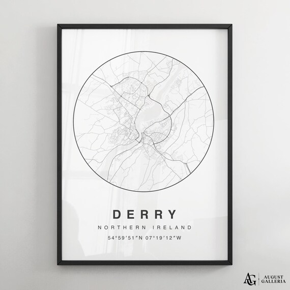 Derry Northern Ireland Black White City Map Coordinates Print
