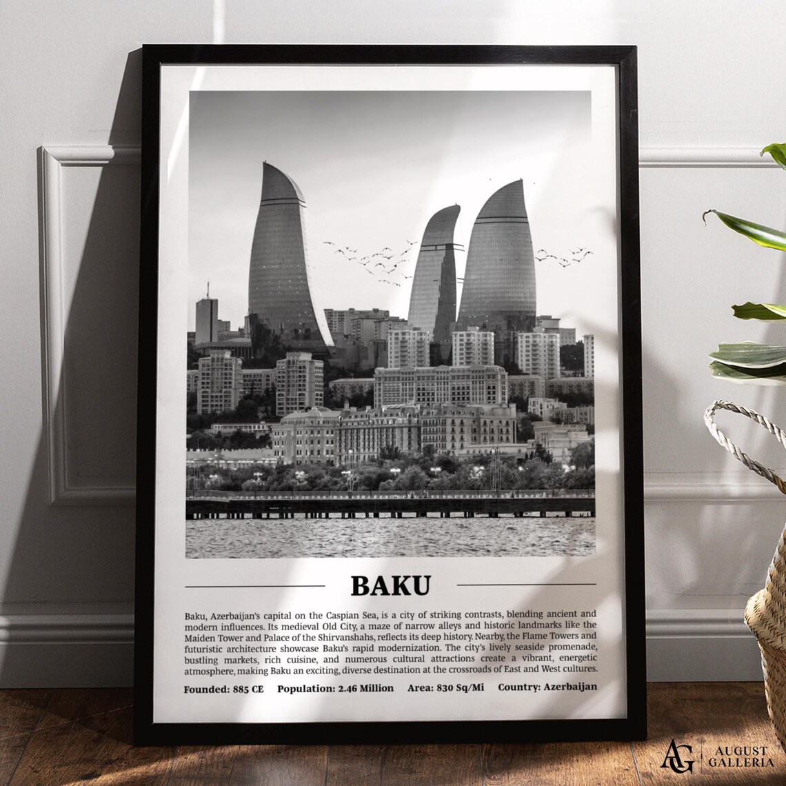 Baku Azerbaijan Black And White Skyline City Print With Key Facts