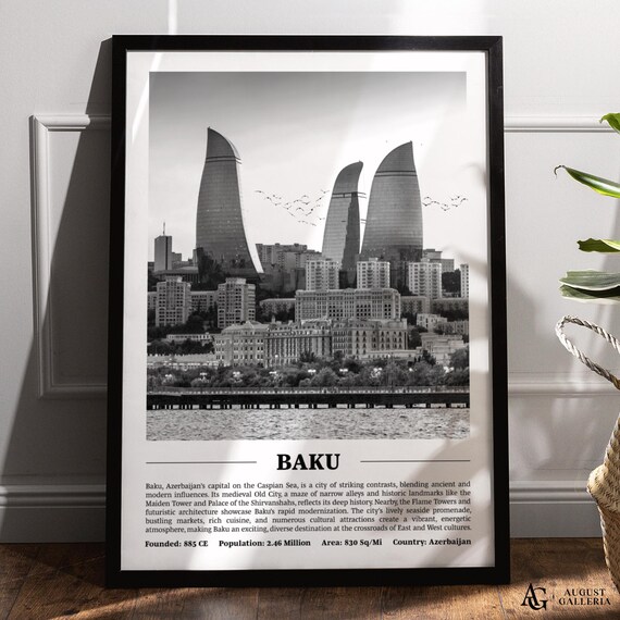 Baku Azerbaijan Black And White Skyline City Print With Key Facts