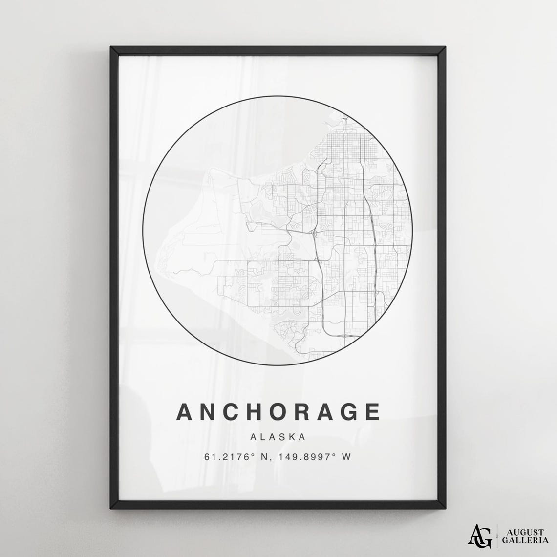 Anchorage Alaska Minimalist Black White Circular Street Map Poster