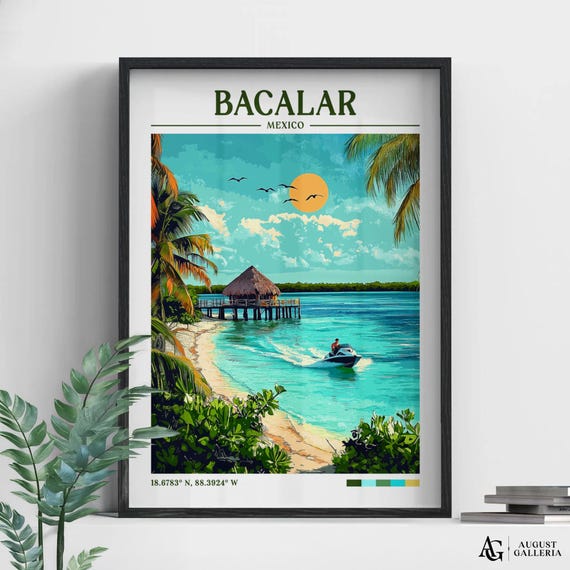 Bacalar Mexico Retro Travel Print Wanderlust Posters Wall Art Framed Prints Canvas Poster