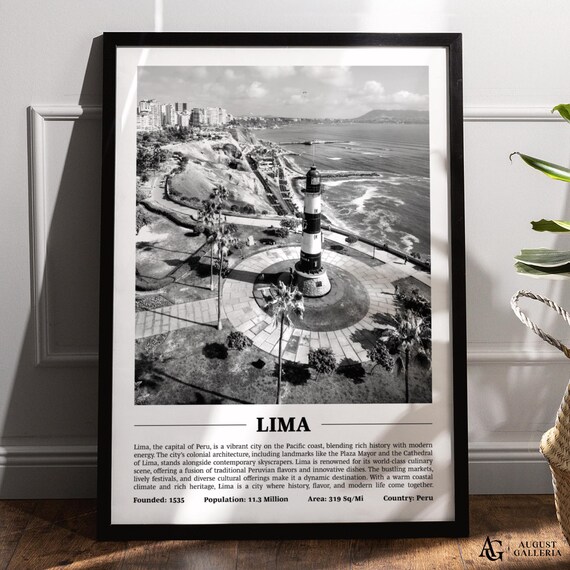 Lima Peru Black and White Lighthouse Coastline City Photo Poster