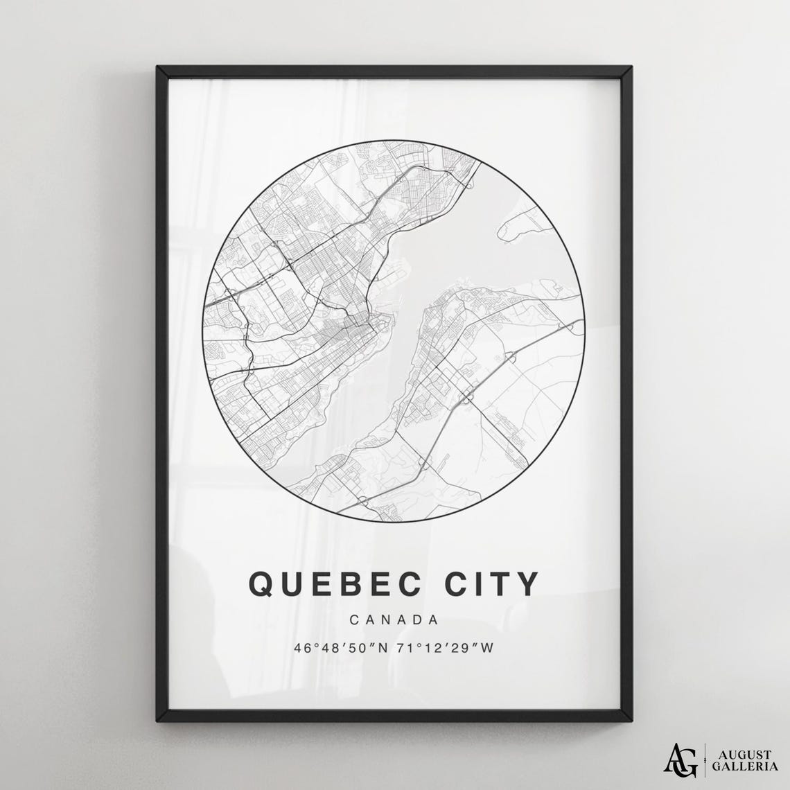 Quebec City Canada Circular Map Black And White Minimalist Poster