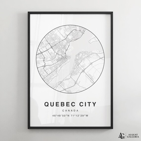 Quebec City Canada Circular Map Black And White Minimalist Poster