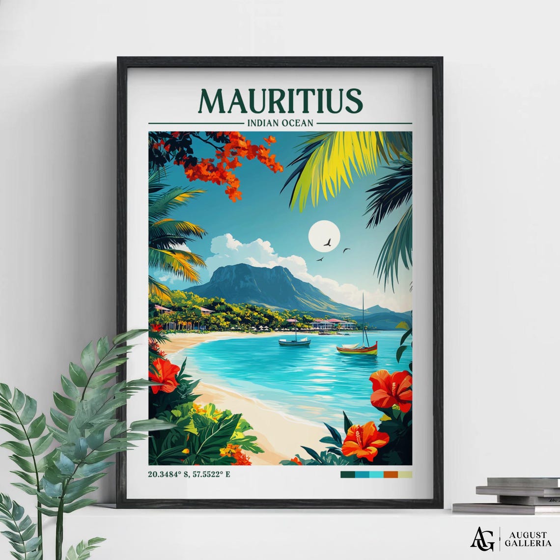Mauritius Indian Ocean Tropical Beach Sailboats Travel Poster