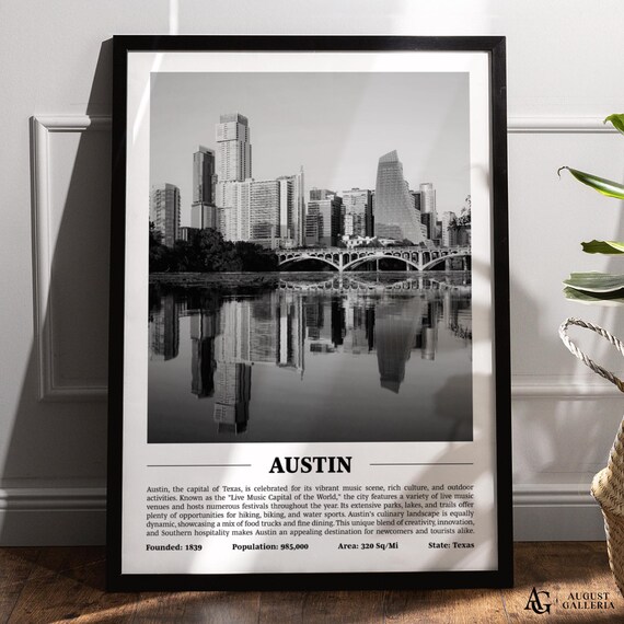 Austin Texas Black And White Skyline City Print With Key Facts